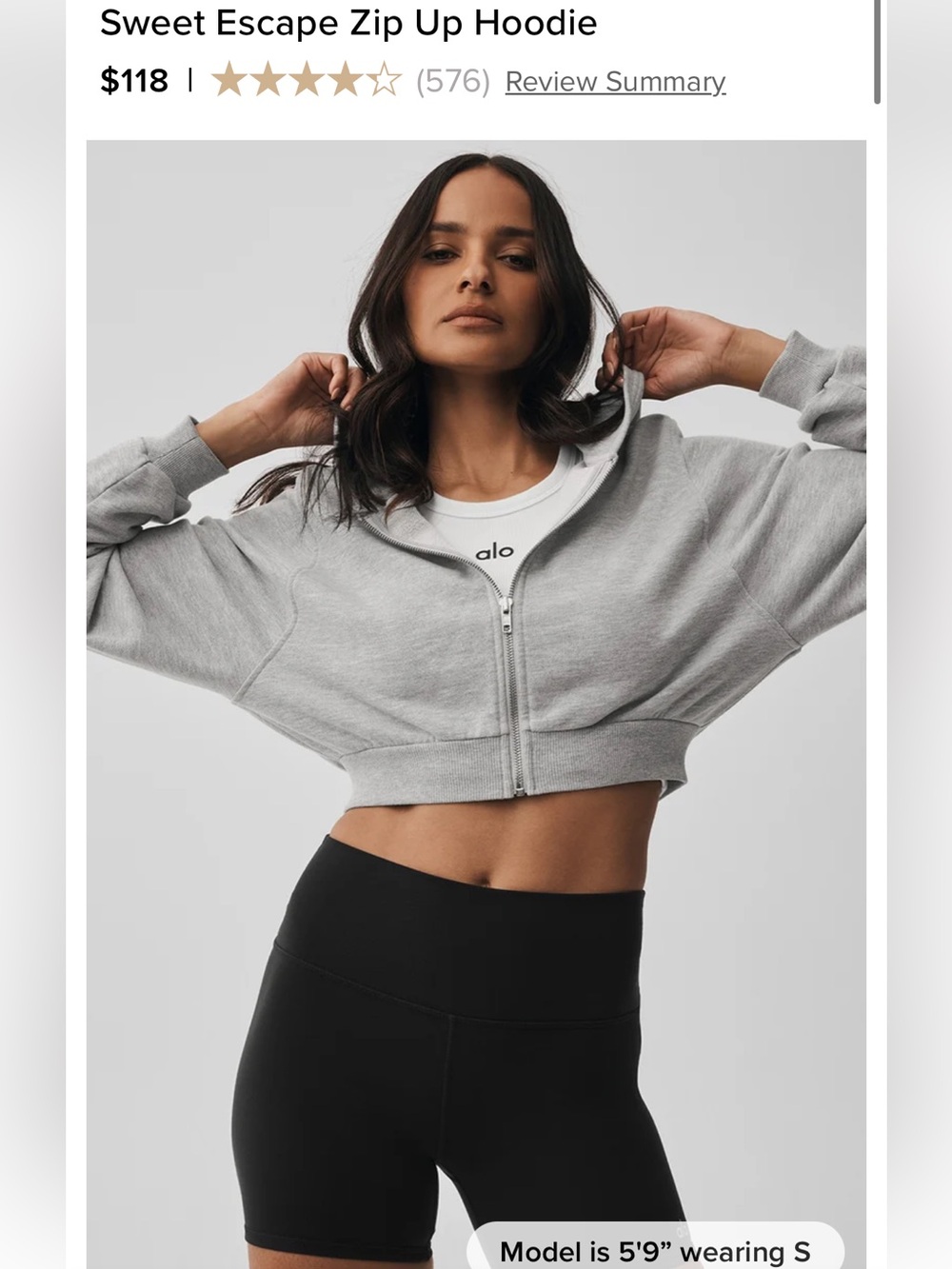 ALO Yoga Sweet Escape Zip Up Cropped Hoodie Athletic Heather Grey Small!